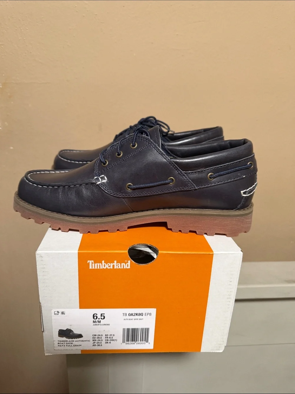 Timberland Navy Leather Lug-Soled Boat Shoes with Brown Outsole